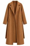 Kadın Camel Kuşaklı Kruvaze Yaka Cepli Oversize Kaşe Kaban DKHF082