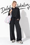 Kadın Siyah Degaje Yaka Oversize Uzun Kollu Bluz ve Beli Lastikli Bol Paça Pantolon İkili Takım EFL044
