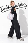 Kadın Siyah Degaje Yaka Oversize Uzun Kollu Bluz ve Beli Lastikli Bol Paça Pantolon İkili Takım EFL044