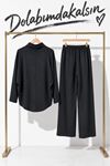Kadın Siyah Degaje Yaka Oversize Uzun Kollu Bluz ve Beli Lastikli Bol Paça Pantolon İkili Takım EFL044