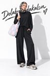 Kadın Siyah Degaje Yaka Oversize Uzun Kollu Bluz ve Beli Lastikli Bol Paça Pantolon İkili Takım EFL044
