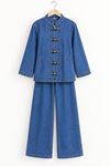 Kadın Saks Tesettür Kuşaklı Düğme Detaylı Denim Tunik Pantolon Takım TG039