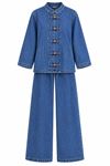 Kadın Saks Tesettür Kuşaklı Düğme Detaylı Denim Tunik Pantolon Takım TG039