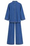 Kadın Saks Tesettür Kuşaklı Düğme Detaylı Denim Tunik Pantolon Takım TG039