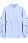 Kadın Mavi Hakim Yaka Kat Kat Volanlı Uzun Kollu Şık Gömlek DKHF085