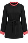 Kadın Siyah Çizgili Yaka ve Manşet Detaylı Kuşaklı Uzun Kollu Bluz CLT052