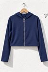 Kadın Lacivert Kapüşonlu Fermuarlı Uzun Kollu Crop Sweatshirt CLT053