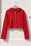 Kadın Kırmızı Kapüşonlu Fermuarlı Uzun Kollu Crop Sweatshirt CLT053