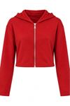 Kadın Kırmızı Kapüşonlu Fermuarlı Uzun Kollu Crop Sweatshirt CLT053