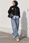 Kadın Siyah Kapüşonlu Fermuarlı Uzun Kollu Crop Sweatshirt CLT053