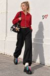 Kadın Kırmızı Kapüşonlu Fermuarlı Uzun Kollu Crop Sweatshirt CLT053