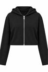 Kadın Siyah Kapüşonlu Fermuarlı Uzun Kollu Crop Sweatshirt CLT053