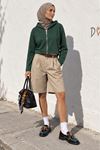 Kadın Yeşil Kapüşonlu Fermuarlı Uzun Kollu Crop Sweatshirt CLT053