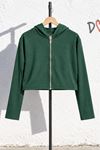 Kadın Yeşil Kapüşonlu Fermuarlı Uzun Kollu Crop Sweatshirt CLT053