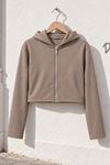 Kadın Bej Kapüşonlu Fermuarlı Uzun Kollu Crop Sweatshirt CLT053