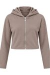 Kadın Bej Kapüşonlu Fermuarlı Uzun Kollu Crop Sweatshirt CLT053