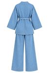 Kadın Açık Mavi Denim Broş Detaylı Kimono Bol Paça Pantolon İkili Takım TG044