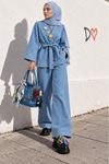 Kadın Açık Mavi Denim Broş Detaylı Kimono Bol Paça Pantolon İkili Takım TG044