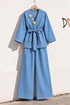 Kadın Açık Mavi Denim Broş Detaylı Kimono Bol Paça Pantolon İkili Takım TG044