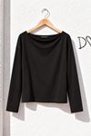 Kadın siyah kayık yaka uzun kol oversize basic bluz CLT055