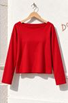 Kadın kırmızı kayık yaka uzun kol oversize basic bluz CLT055
