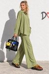Kadın Yeşil Düğmeli Oversize Gömlek Beli Lastikli Pantolon İkili Takım TG046 