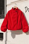 Kadın Kırmızı Dik Yaka Balon Kol Oversize Kısa Bomber Ceket EFL7782